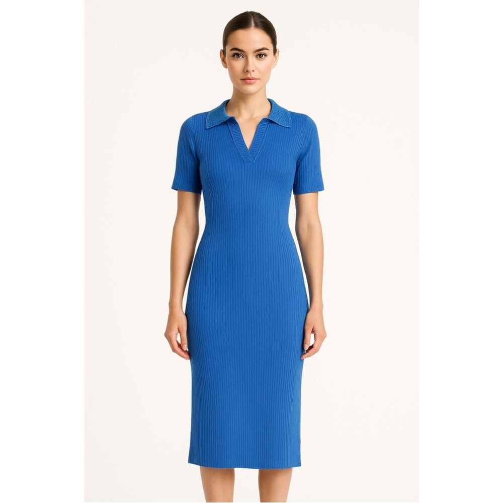 Caroline Constas Knit Dress Blue Ribbed Crochet Collar Bodycon Midi Size S